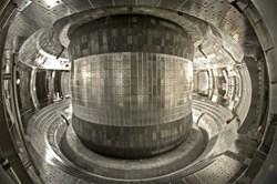 The EAST tokamak has been extensively upgraded during its recent shutdown. The picture shows the first wall of the machine, whose tiles were changed from graphite to molybdenum at the beginning of this year. (Click to view larger version...)
